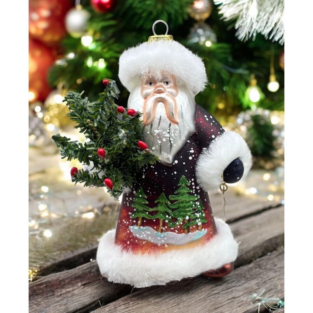 Vintage Glass Santa Claus Christmas Tree Ornament Hand Painted Forest Scene